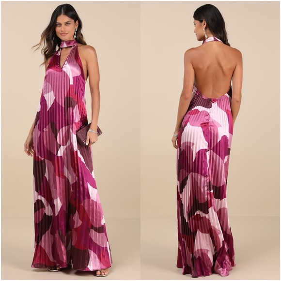 Lulus Dresses & Skirts - LULU’S Prime Poise Pink Multi Abstract Satin Halter Maxi Dress